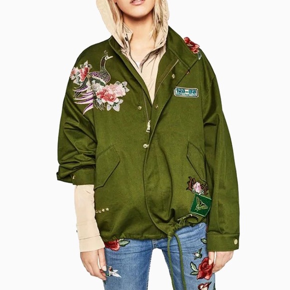 ZARA Embroidered Green Parka Jacket - M - Picture 4 of 8